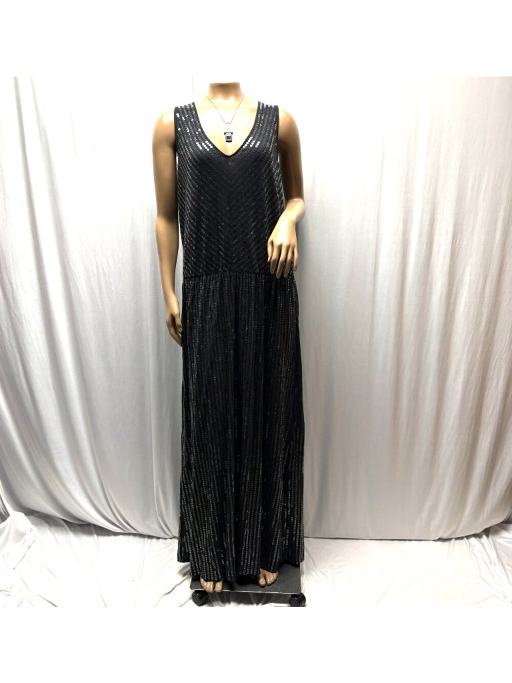 Garnet Hill Black Sequin Maxi Dress Womens Size XL V-Neck Sleeveless Stretchy